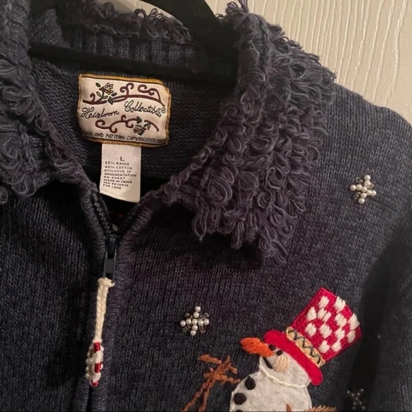Vintage Christmas Ugly Zip Up Sweater With Snowmen Pearled Embroiderer - Picture 6 of 6